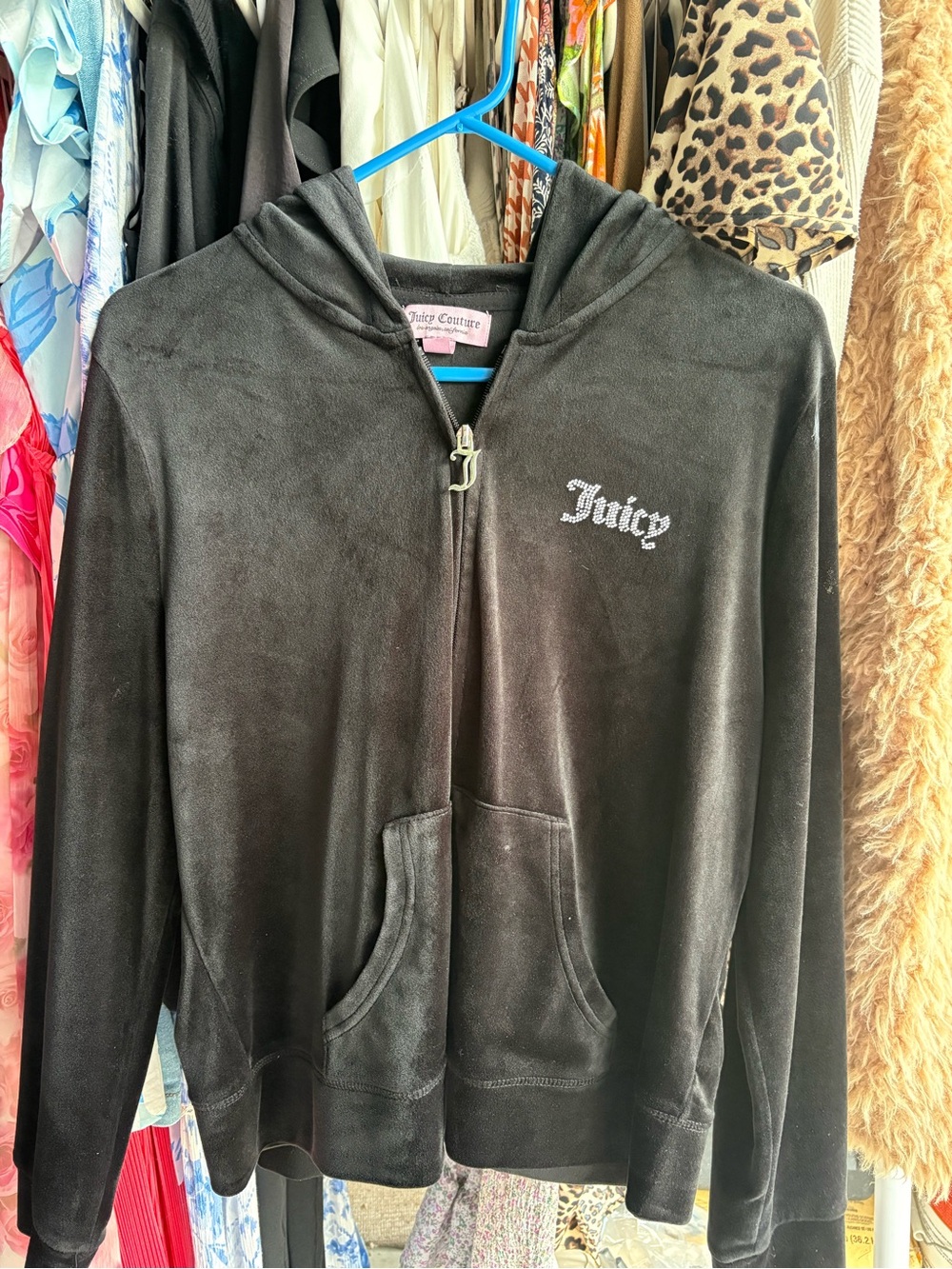 Juicy Couture Black Velour Crystal Logo Zip Hoodie